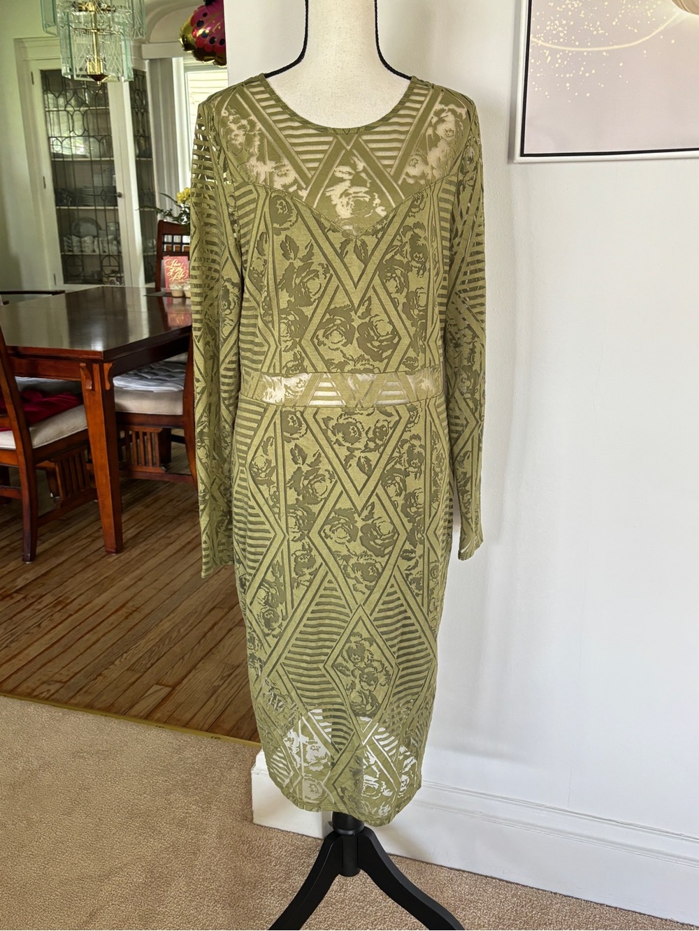 Material Girl Olive Green Lace Long Sleeve Midi Dress Sz XL